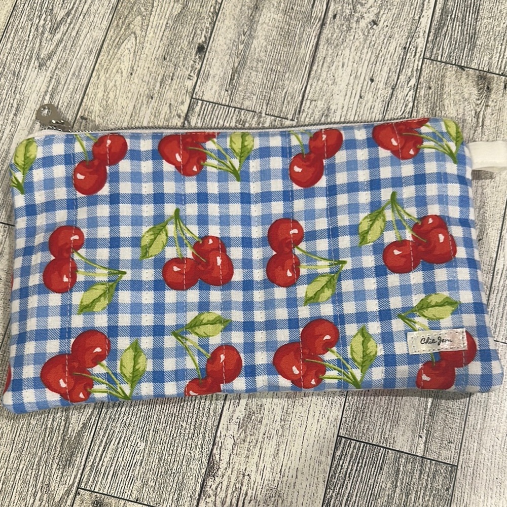 Chic Jem Blue Checkered Cherry Print Pouch wristlet